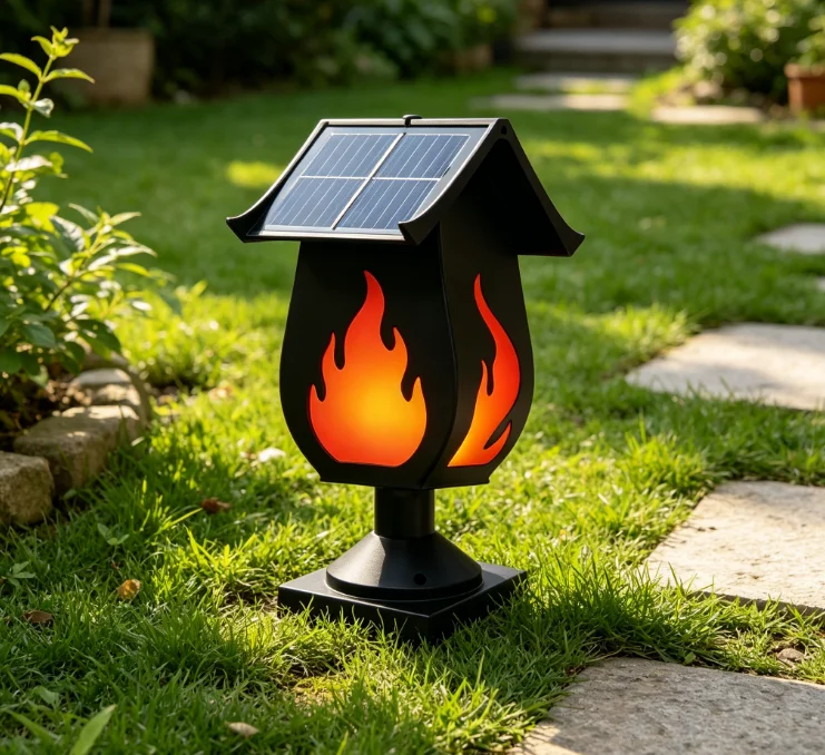 Outdoor Lighting Waterproof - Zonne-kolomkoplampen met gesimuleerde vlammen, waterdichte buitenverlichting